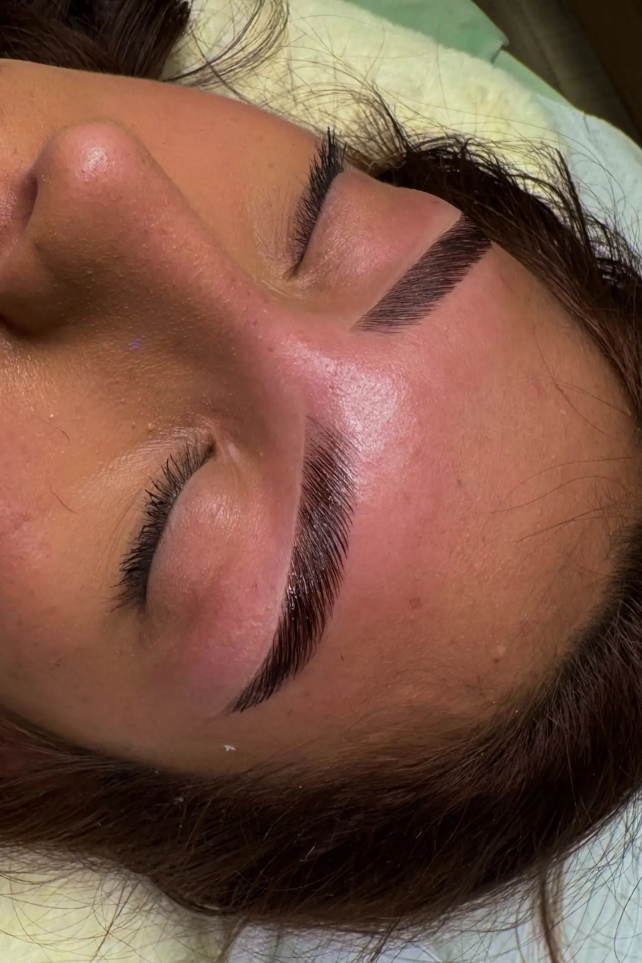 Close-up of fluffy, laminated brows with crisp arch definition